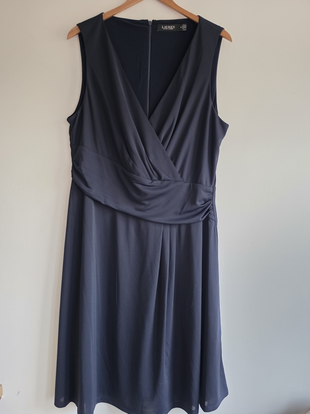 Lauren Ralph Lauren Surplice Navy Sleeveless Faux-Wrap Midi Dress Classic 16
